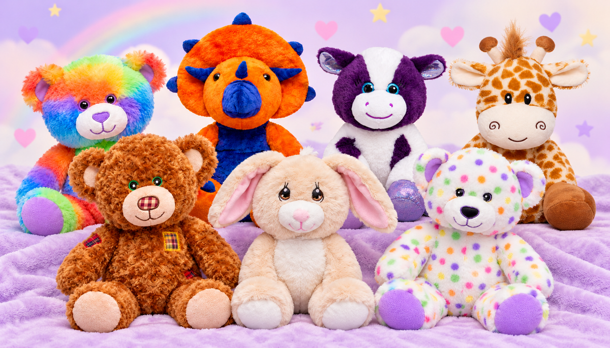 Scarecrow Teddy, Color Splash Bear, Spikes Dino, Butterscotch Bunny, Jelly Bean Bear, Chloe Cow and Nigel Giraffe